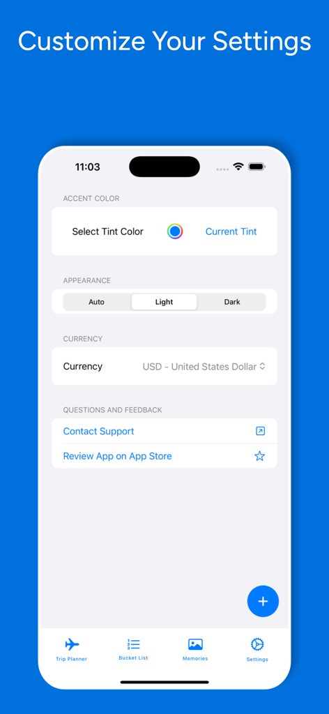 Easy Trip Planner app settings menu showing appearance customization and currency selection options
