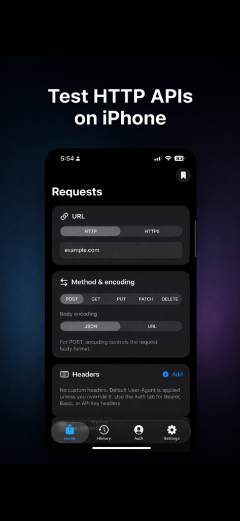 iPhoneでHTTP APIをテストするためのReqLabアプリインターフェース、リクエスト設定を表示