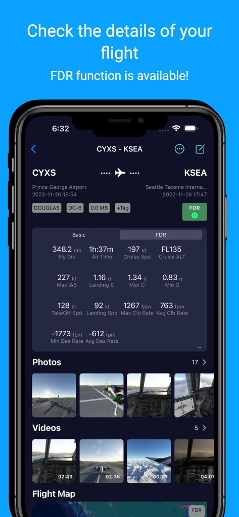 SimFly Pad - SimFly Pad app interface showing flight data recorder details and media from a simulated flight