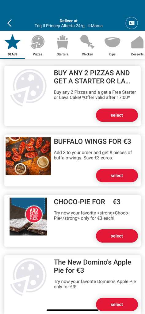 Domino's Malta app interface showing a list of special deals and food offers
