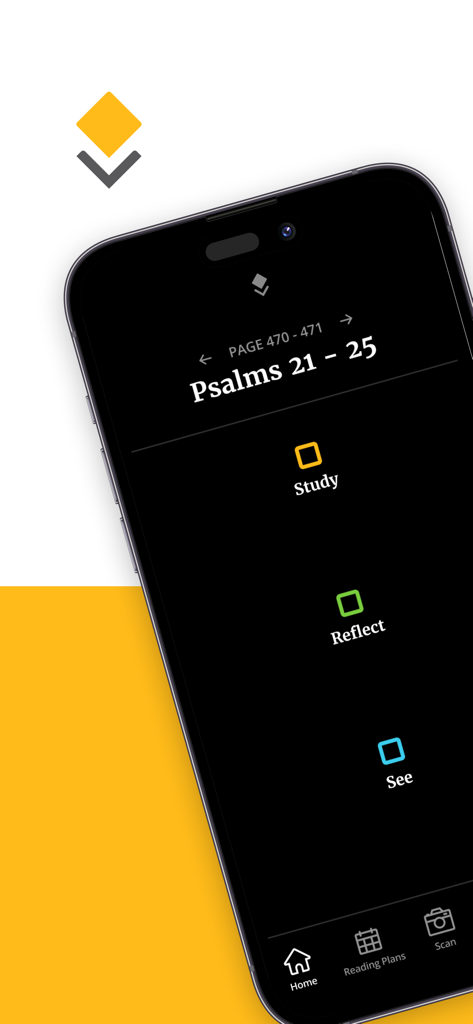 Filament Bible app on iPhone showing study reflect and see options for Psalms 21 to 25