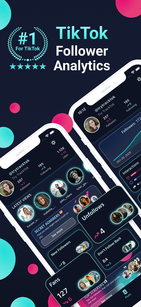 TrackTok app interface displaying TikTok follower analytics and stalker reports