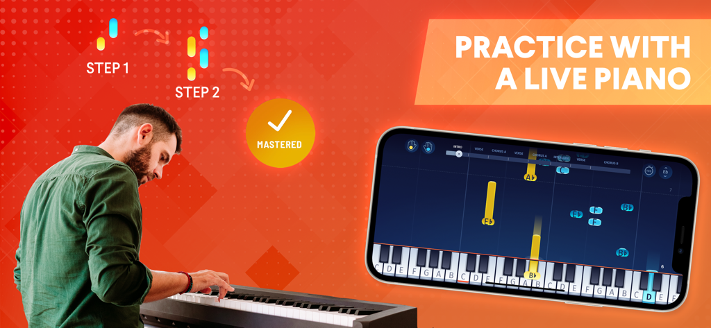 OnlinePianist: Piano Songs - A man practicing piano with the OnlinePianist mobile app tutorial