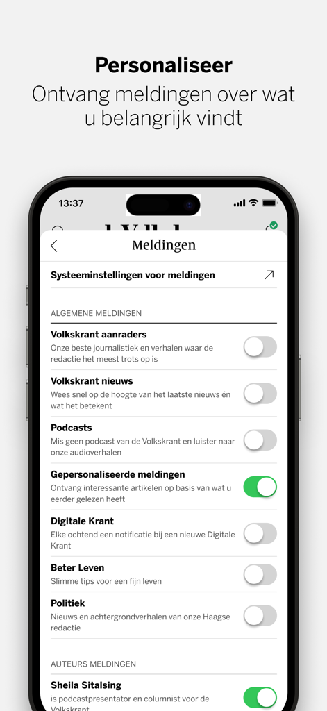 Écran de smartphone montrant les paramètres de notification pour personnaliser les actualités dans l'application de Volkskrant.