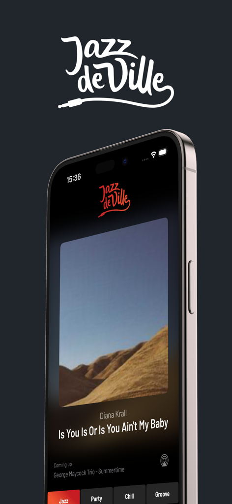 Jazz de Ville - Jazz de Ville mobile app interface on a smartphone showing the music player with mood based categories like Jazz Party Chill and Groove