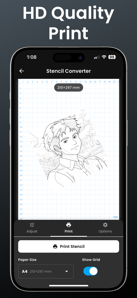 Tattoo Stencil Maker app interface showing HD quality stencil print settings with a grid layout