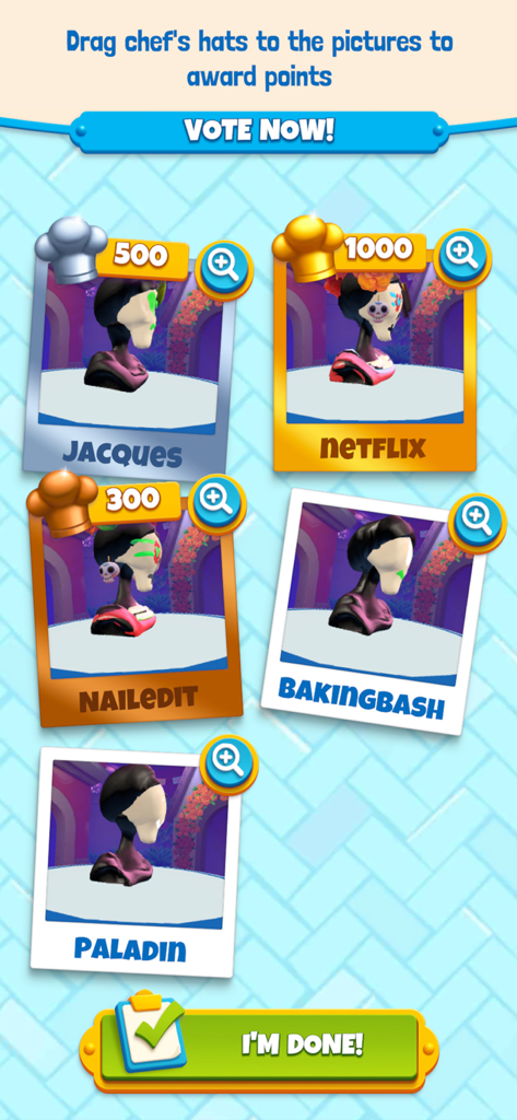 Nailed It! Baking Bash - A voting screen in the Nailed It Baking Bash game where players drag chef hats to award points to different cake creations.