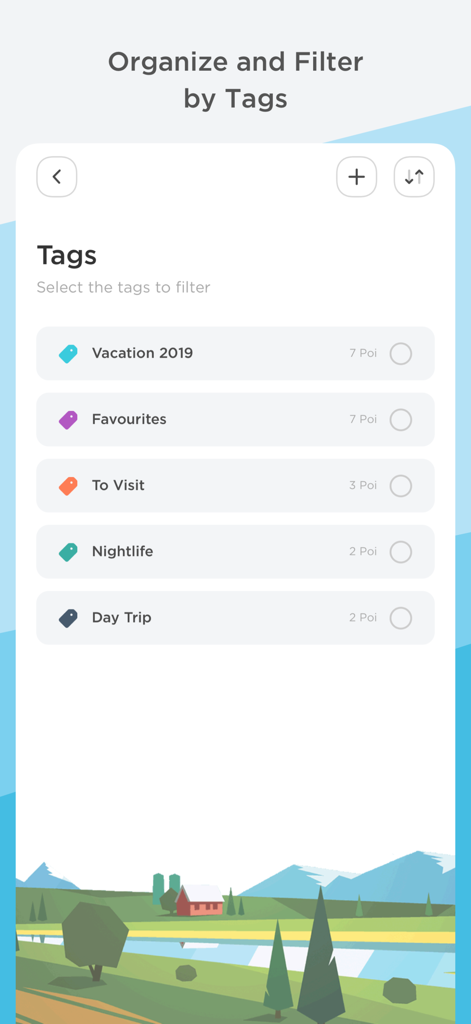 Pantalla de la aplicación PlaceMapper para organizar y filtrar puntos de interés guardados usando etiquetas personalizables.