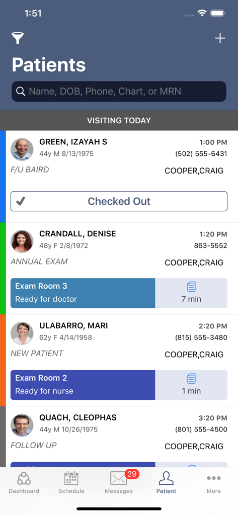 AdvancedMD Mobile - AdvancedMD Mobile app showing patient visit status and daily schedule tracking