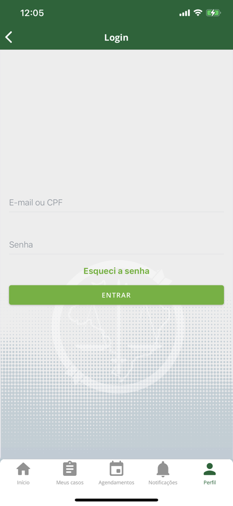 Defensoria RJ - Login screen of the Defensoria RJ app featuring email or CPF and password fields with a green enter button
