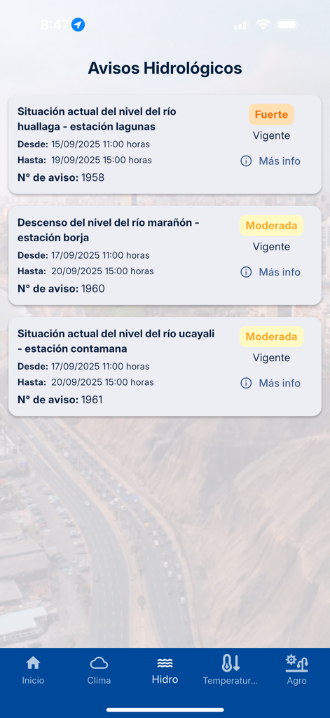 SENAMHI PERU Móvil - List of active hydrological warnings for rivers in Peru including status for the Huallaga and Maranon rivers