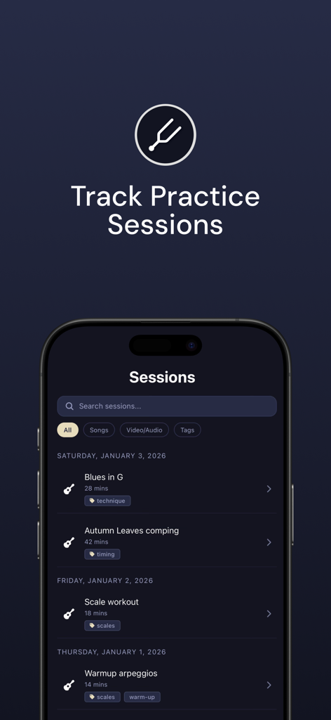 Interfaz de smartphone del Diario de Práctica Musical que muestra un registro cronológico de sesiones de práctica con títulos de sesión, duraciones y etiquetas de habilidad.