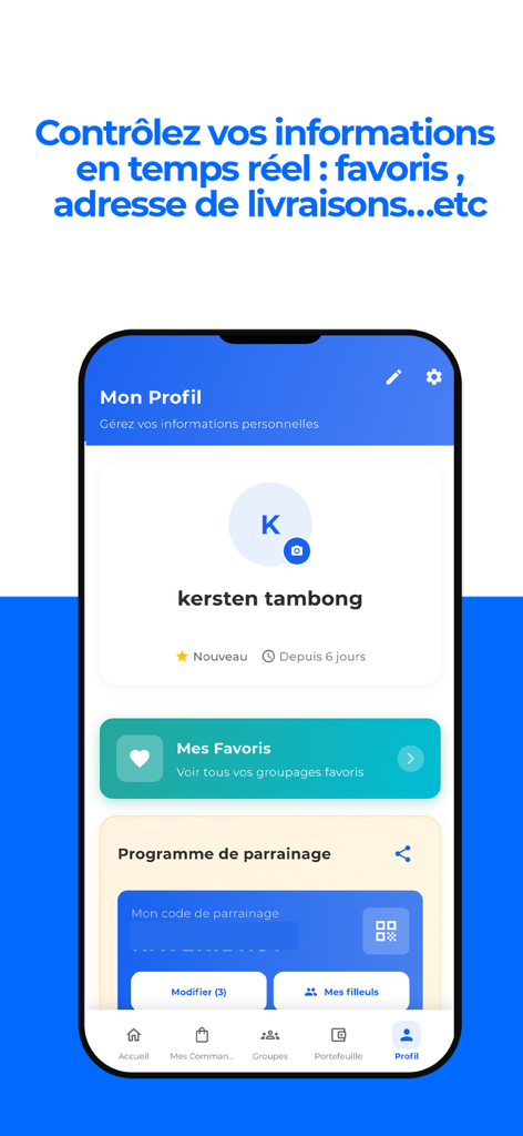 SBC Precom app user profile screen showing account management favorites and referral program