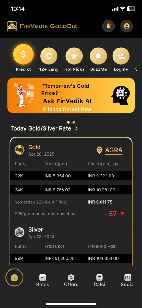 Gold Rate Today - India Live - Panel de la aplicación móvil FinVedik GoldBiz mostrando tarifas en vivo de oro y plata para Agra India con funciones de predicción de precios por IA