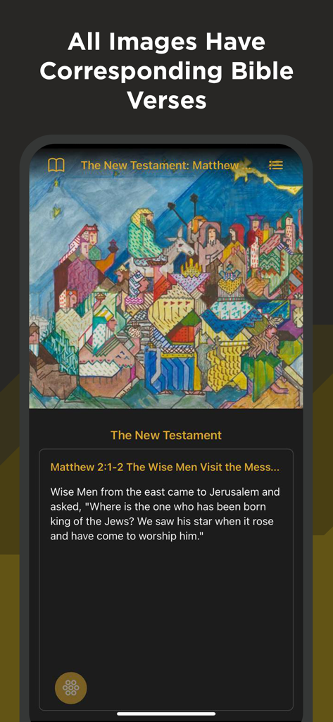 Une illustration peinte à la main de l'application Bible Wiedmann montrant les mages avec les écritures correspondantes de Matthieu