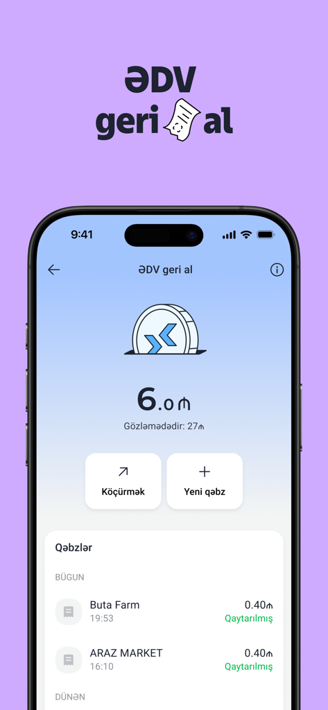 m10 — Digital Wallet - Screenshot of the m10 digital wallet app showing the VAT cashback interface with a balance and recent receipt transactions.