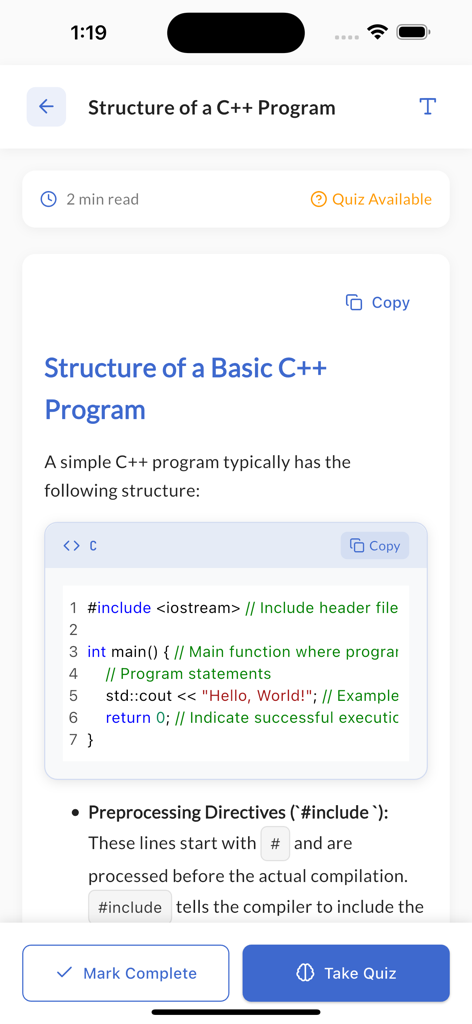Learn C++ Programming Offline - A mobile app lesson showing the basic structure of a C++ program with a code snippet and quiz option