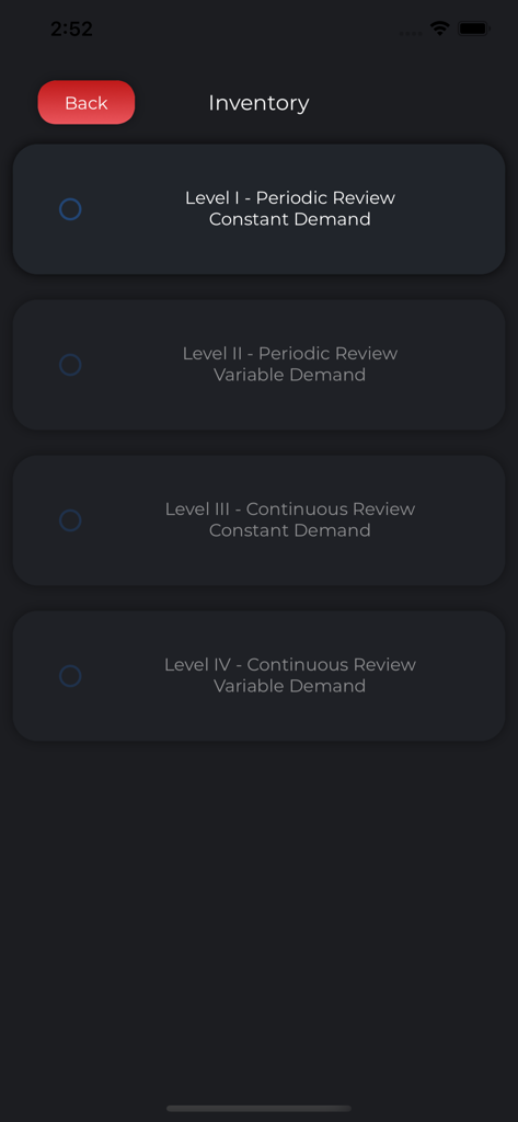 オペレーションズマネジメントの基本の在庫レベル選択メニュー。定期および連続レビューモジュールが表示されています。