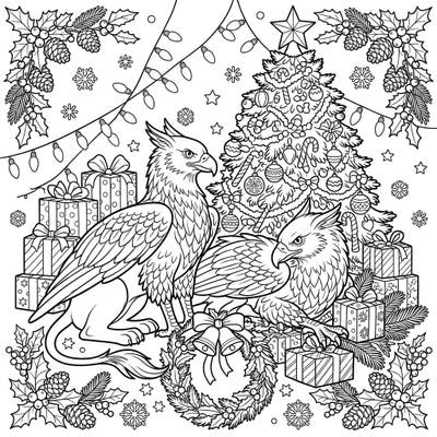 Discover the magic of Christmas with this exquisite coloring page featuring two majestic Albino Griffins surrounded by holiday cheer. This intricate design offers hours of relaxing and creative coloring fun for all ages.