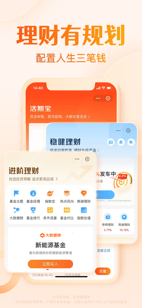 天天基金-基金投资理财 - A mobile app screenshot showing Tiantian Jijin tiered investment options including liquid assets, steady wealth management, and advanced investment strategies.