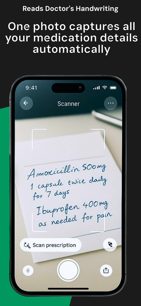 DoseNow: Medicine Tracker - Un smartphone usando la app DoseNow para escanear una receta médica escrita a mano de Amoxicilina e Ibuprofeno.
