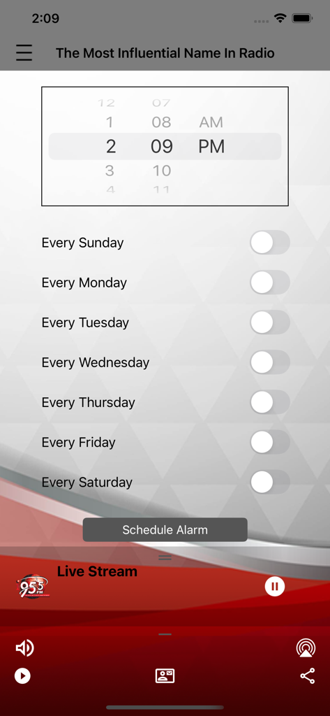 I95.5FM app alarm scheduling screen with time picker and daily repeat options