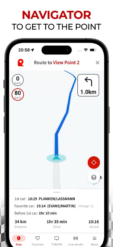 RallyPin - RallyPin app interface showing GPS navigation route to a rally spectator viewpoint