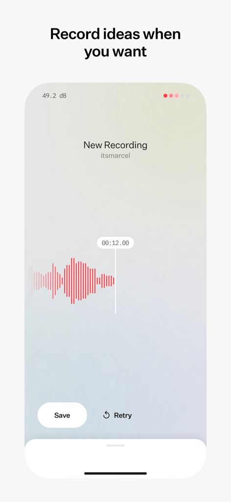 A screenshot of the untitled music app showing a new audio recording interface with a red waveform and save button.