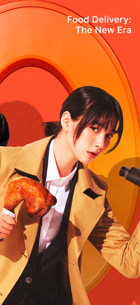 Stylish young woman holding a roasted chicken leg with text Food Delivery The New Era