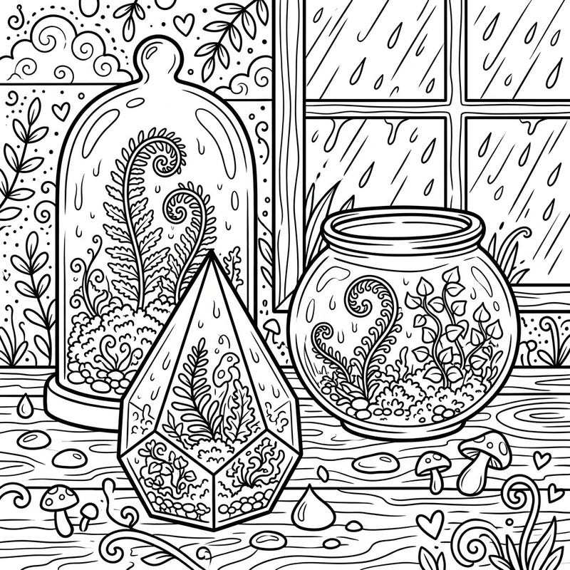 Find peace on a gloomy day with this enchanting terrarium plants coloring page, featuring lush botanical scenes enclosed in glass. Immerse yourself in the intricate details of ferns and moss, transforming your rainy day into a vibrant indoor garden.