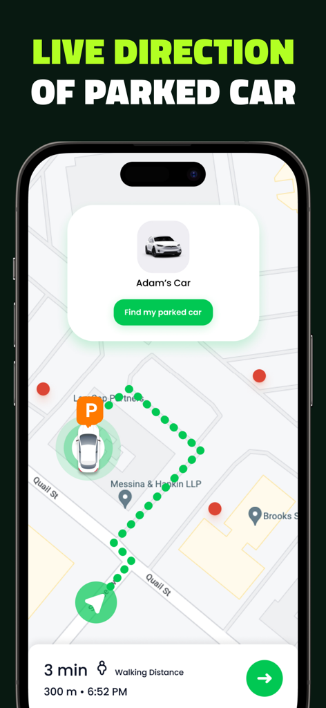 GPS Car Tracker: Find My Car - Interface showing live walking directions to a parked car on a map with a three minute estimated time