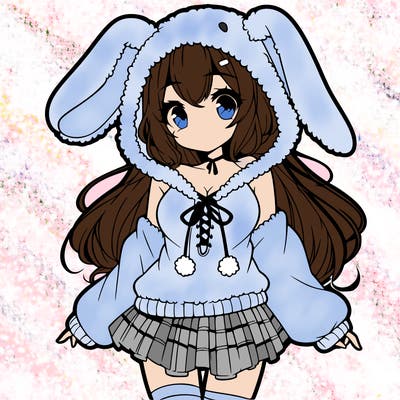 pretty anime girl wearing a fluffy hoodie with bunny ears on the hood and a skirt