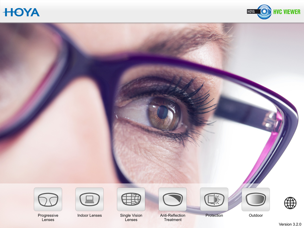 HVC Viewer - Main interface of the Hoya Vision Consultant Viewer app showing various lens demonstration modules