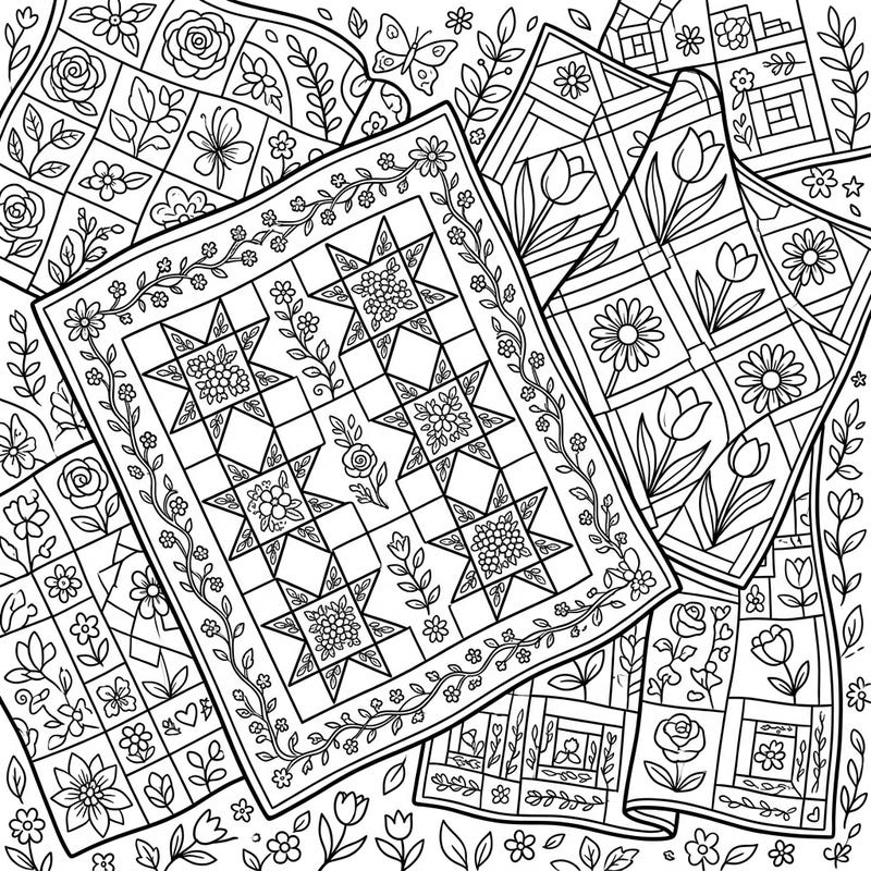 Celebrate the beauty of spring with this delightful coloring page featuring an array of charming quilts. Each quilt is adorned with intricate floral and natural patterns, inviting you to bring them to life with your favorite colors.