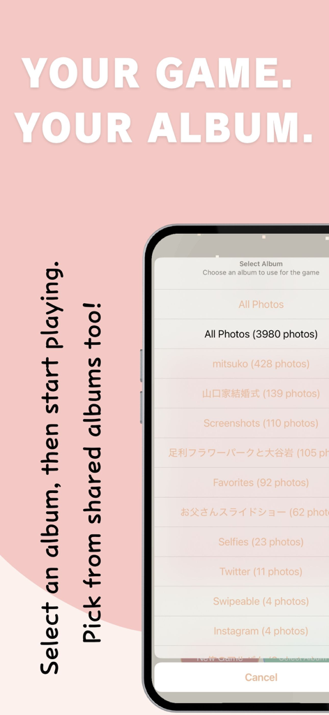 Awase - Photo Memory Game - Una pantalla de smartphone que muestra el menú de selección de álbumes en la aplicación Awase, donde los usuarios eligen fotos para su juego de memoria