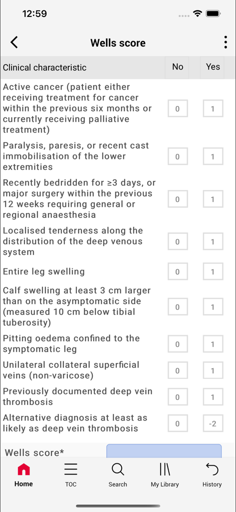 ESVS Clinical Guidelines - A screenshot of the interactive Wells score calculator from the ESVS Clinical Guidelines app for vascular surgeons