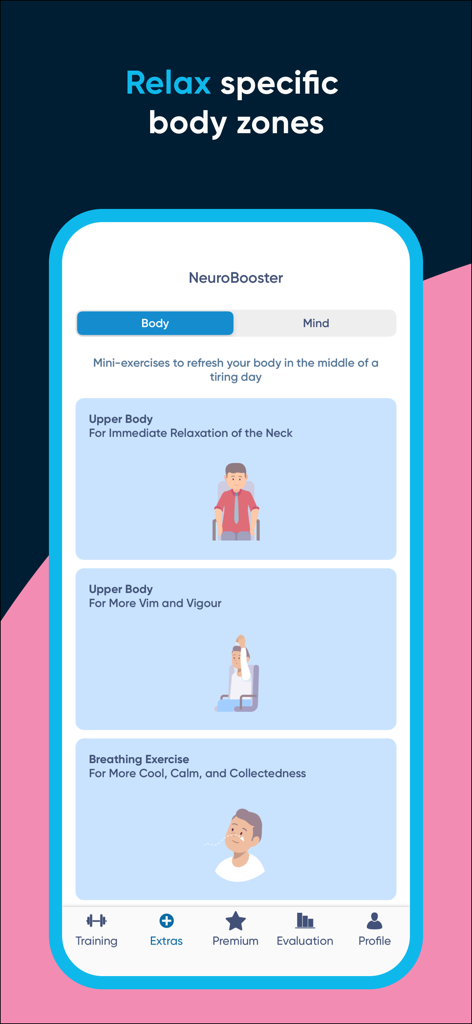 NeuroNation app NeuroBooster interface showing mini-exercises for body relaxation and breathing