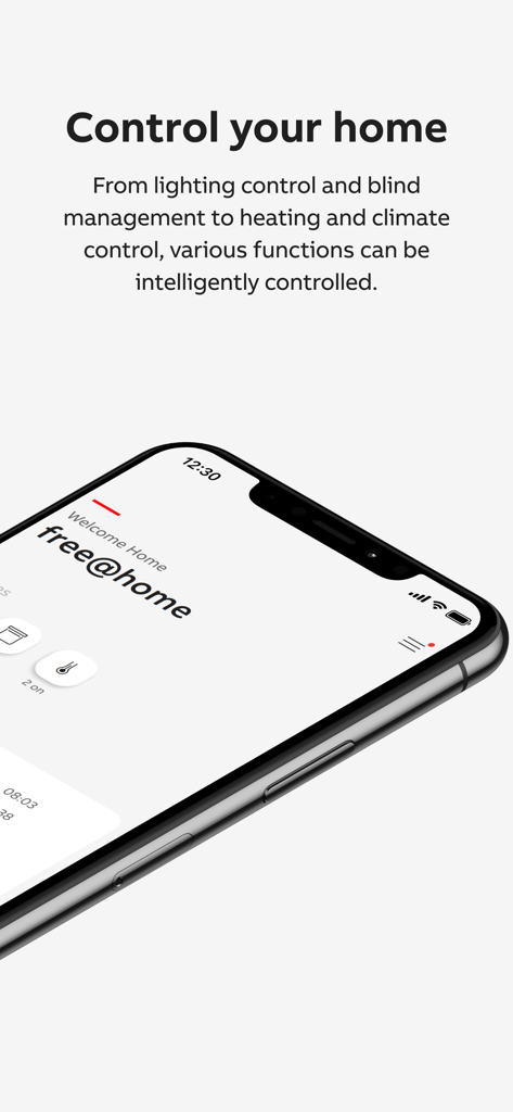 ABB-free@home® Next - Un smartphone mostrando el panel de control de la aplicación ABB-freeathome Next para el control centralizado de iluminación, persianas y climatización
