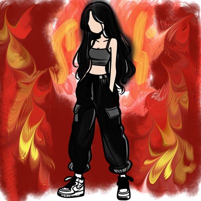 girl in baggy pants crop top and long hair