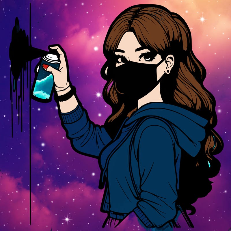 realistic girl with mask spray painting a wall