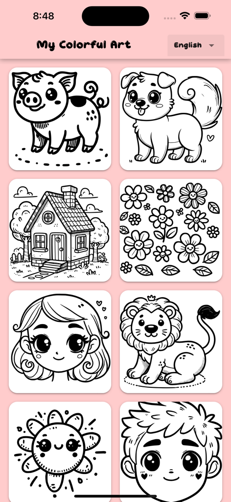 My Colorful Art - A gallery of cute black and white coloring pages featuring animals flowers and characters