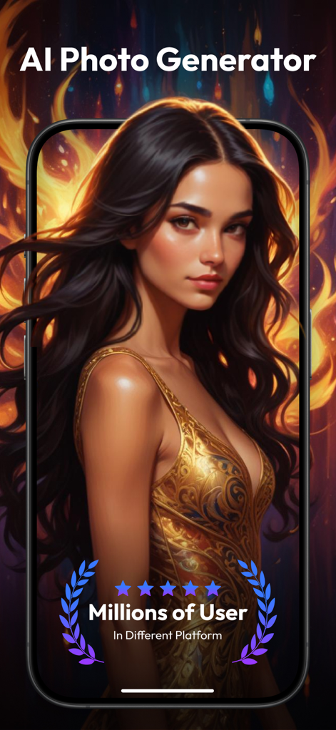 Photo Generator AI & Editor - Tela de smartphone exibindo um retrato cinematográfico de alta resolução gerado por IA de uma mulher com fundo flamejante.