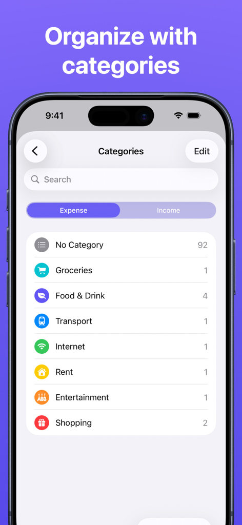 Expenses: Spending Tracker - Interface of the Expenses app on an iPhone showing a list of spending categories including groceries food and rent