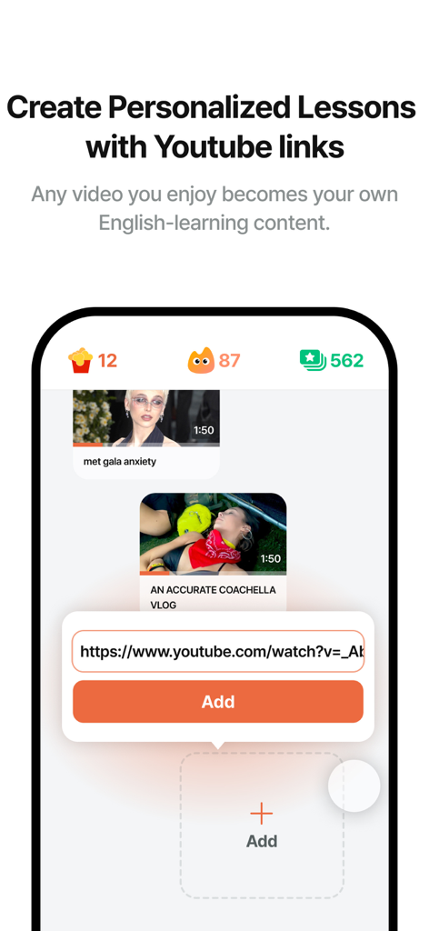 Langflixアプリのモバイルインターフェース。YouTubeリンクを使用してカスタム英語レッスンを作成する方法を示す。