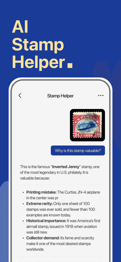 Interface do aplicativo PhilSnap exibindo identificação por IA e detalhes históricos para um selo postal raro Inverted Jenny