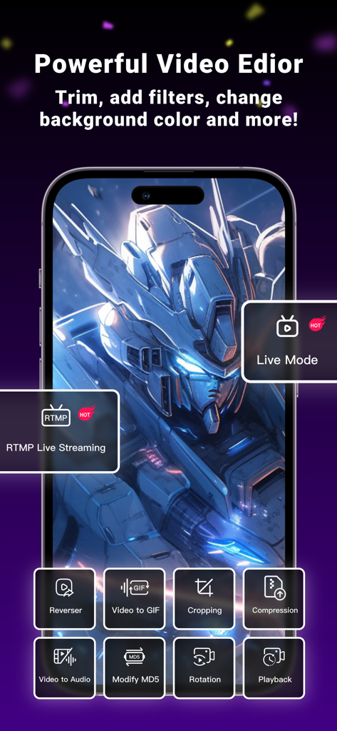 Screen Recorder:Video Recorder - Screenshot of the Screen Recorder app showing various video editing tools and live streaming options on a mobile device.