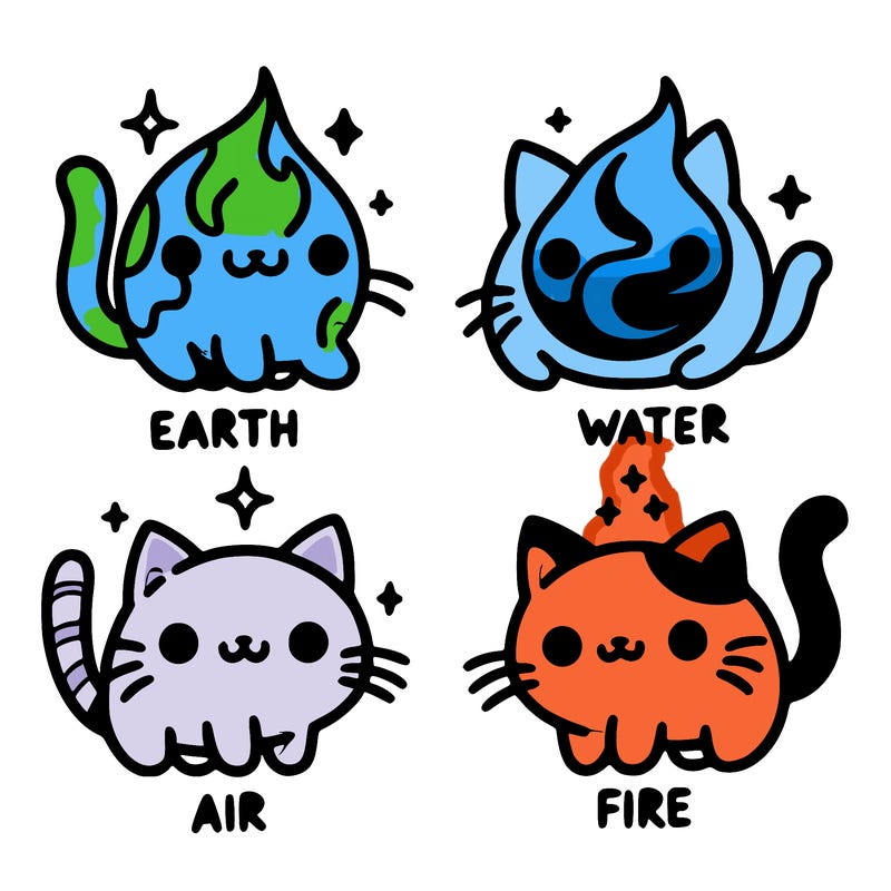 4 cats that represent the different elements, earth, water, air, and fire