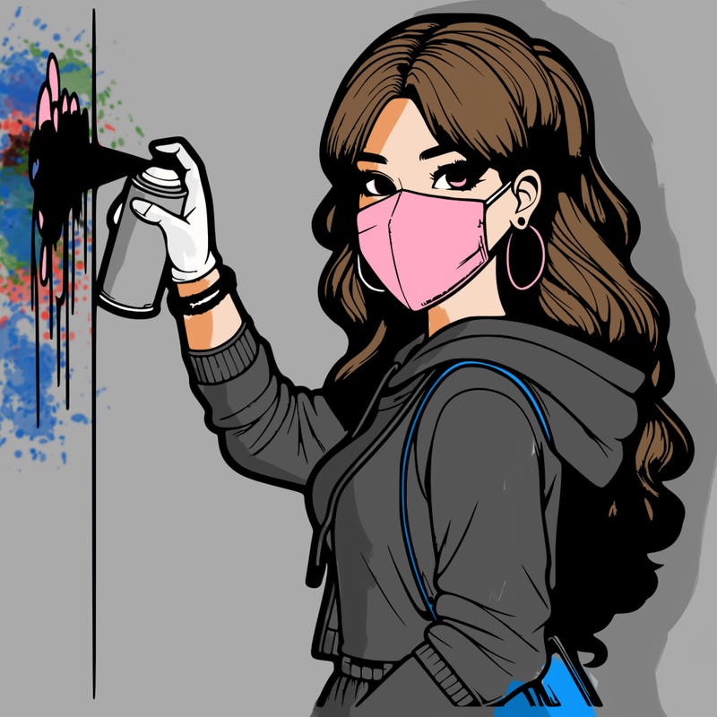 realistic girl with mask spray painting a wall