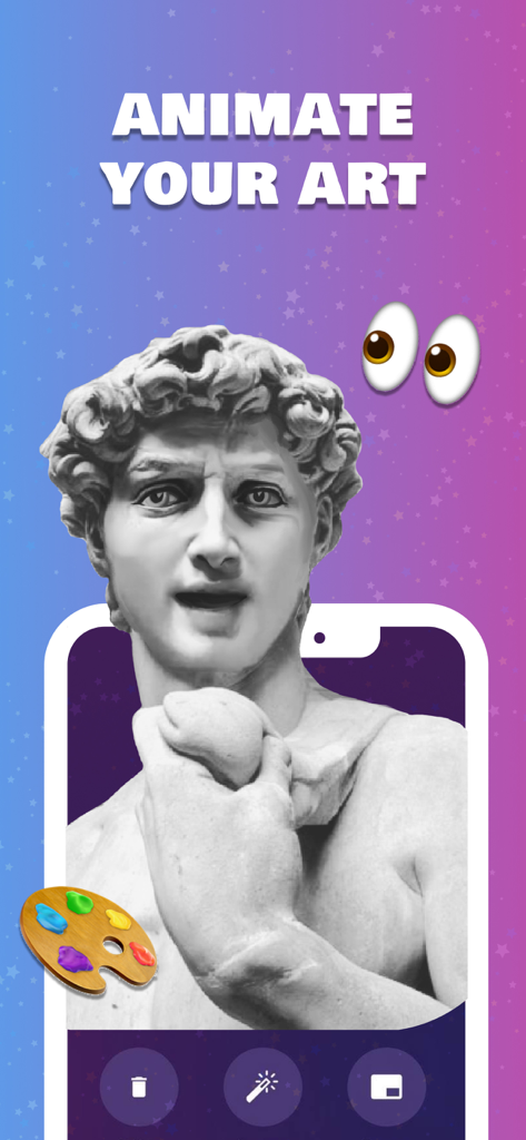 TokkingHeads AI Magic Avatars - Una captura de pantalla de la interfaz de la aplicación TokkingHeads que muestra una estatua de mármol animada con el texto Anima tu arte