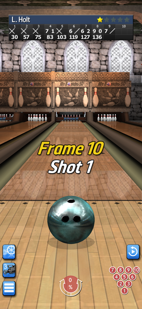 My Bowling 3D - A realistic 3D bowling simulation showing the tenth frame shot in a medieval themed alley